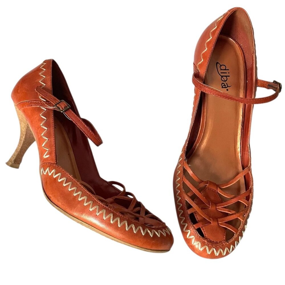 Diba Leather Mary Jane Whip Stitch Modest Stacked Heel